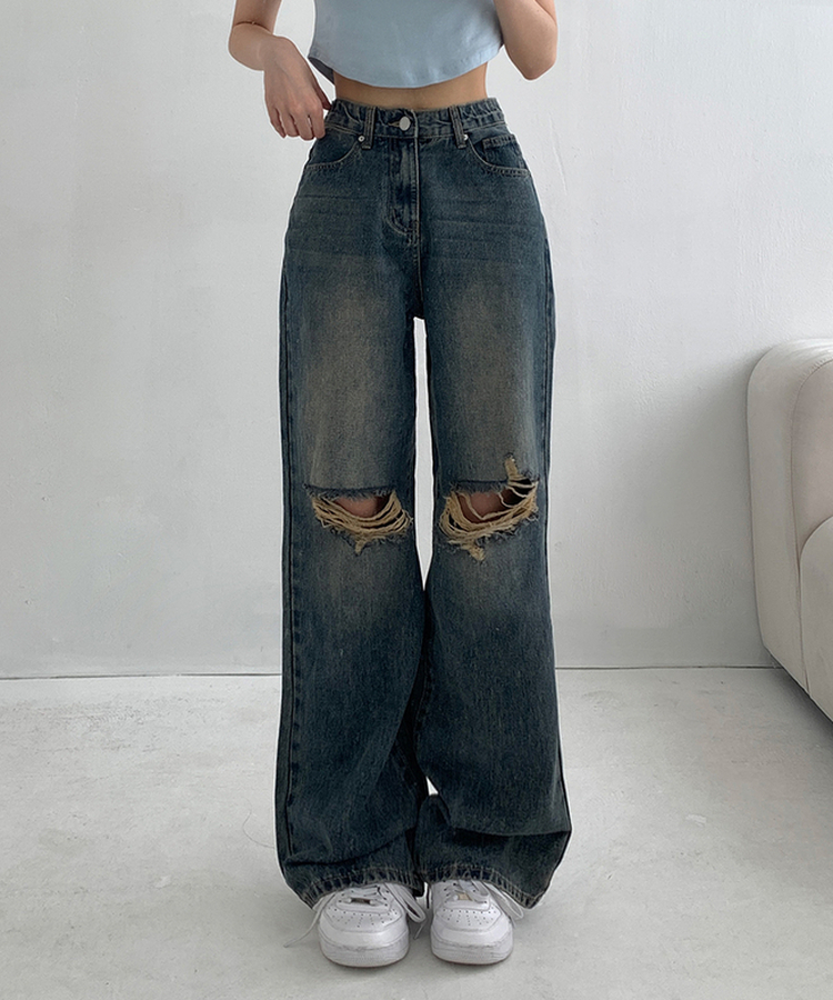 【丈別】ダメージセミワイドデニム(5color) VINTAGE DEEP BLUE