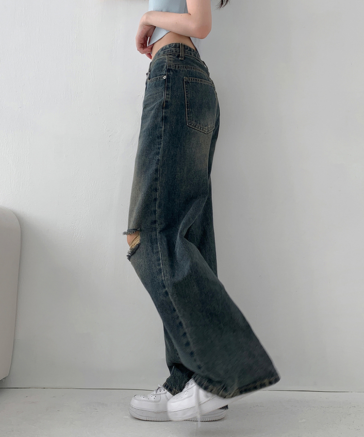 【丈別】ダメージセミワイドデニム(5color) VINTAGE DEEP BLUE