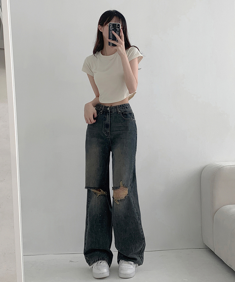 【丈別】ダメージセミワイドデニム(5color) VINTAGE DEEP BLUE