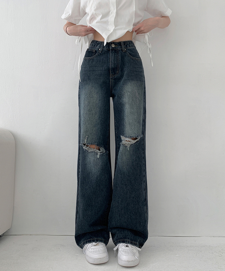 【丈別】ダメージセミワイドデニム(5color) GRAYISH BLUE