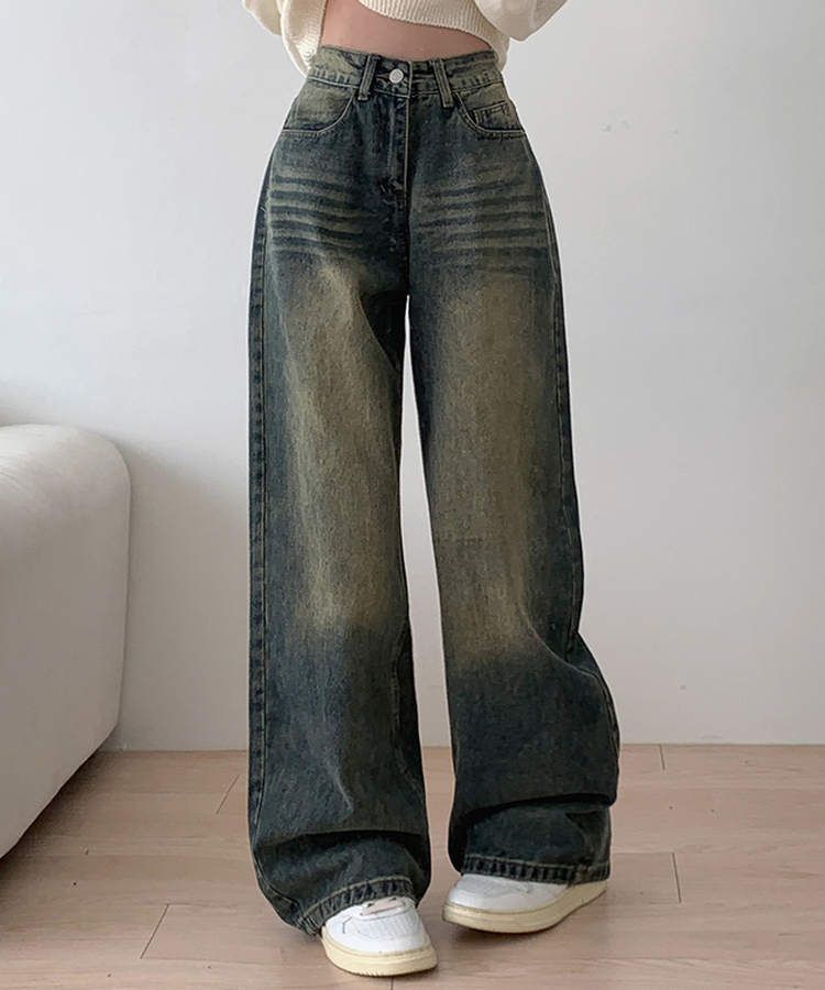 ハイウエストウォッシュドデニムパンツ DEEP DENIM
