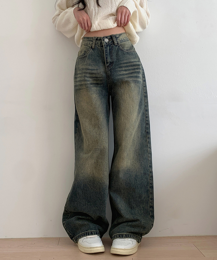 ハイウエストウォッシュドデニムパンツ DEEP DENIM