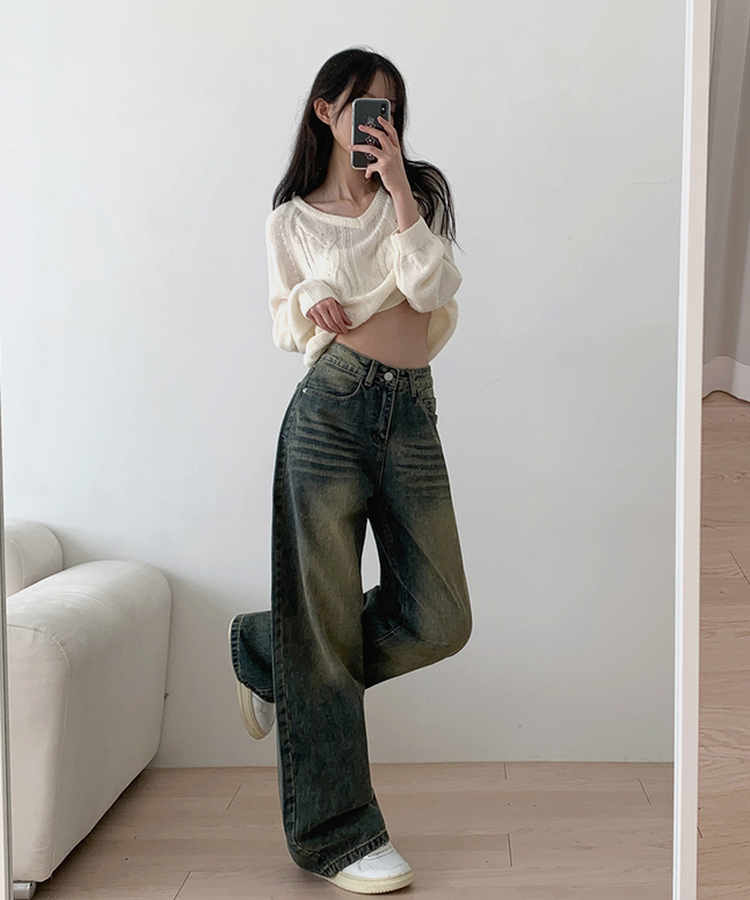 ハイウエストウォッシュドデニムパンツ DEEP DENIM