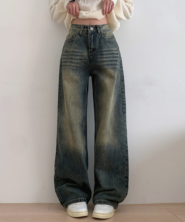 ハイウエストウォッシュドデニムパンツ DEEP DENIM