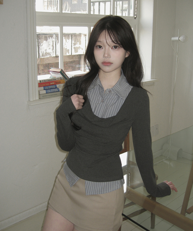 ドレープシャツレイヤード長袖Tシャツ DEEP GRAY