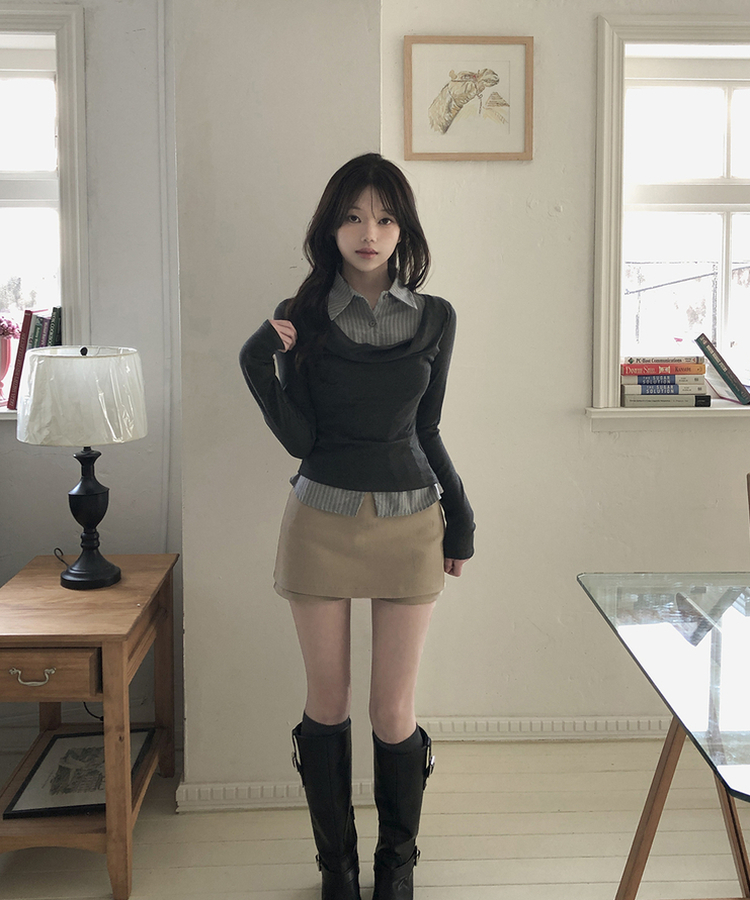 ドレープシャツレイヤード長袖Tシャツ DEEP GRAY