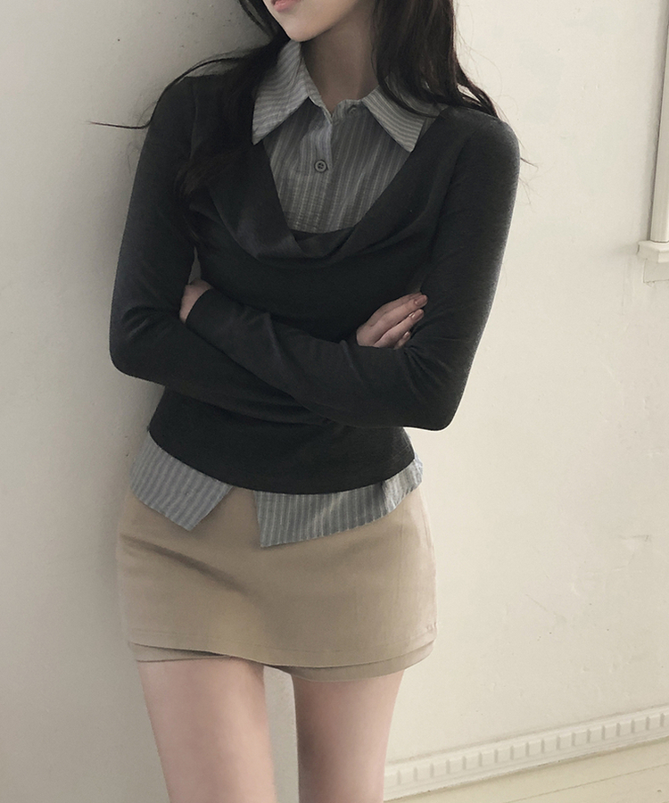 ドレープシャツレイヤード長袖Tシャツ DEEP GRAY