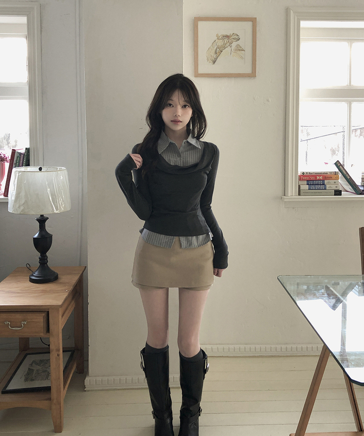 【ベルト付き】Aラインコットンミニスカートパンツ BEIGE