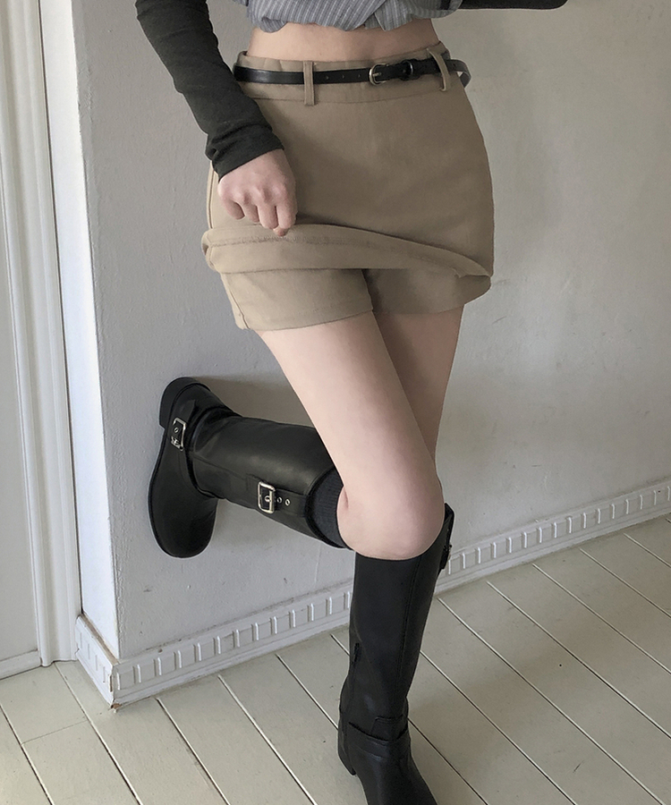 【ベルト付き】Aラインコットンミニスカートパンツ BEIGE