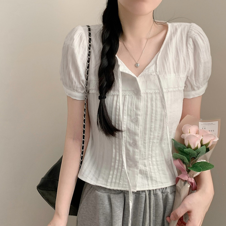 쇼코 핀턱 절개 퍼프 레이스 리본 라운드넥 반팔 블라우스 여름 여름옷 상의 아이보리