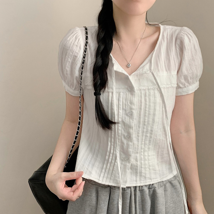 쇼코 핀턱 절개 퍼프 레이스 리본 라운드넥 반팔 블라우스 여름 여름옷 상의 아이보리