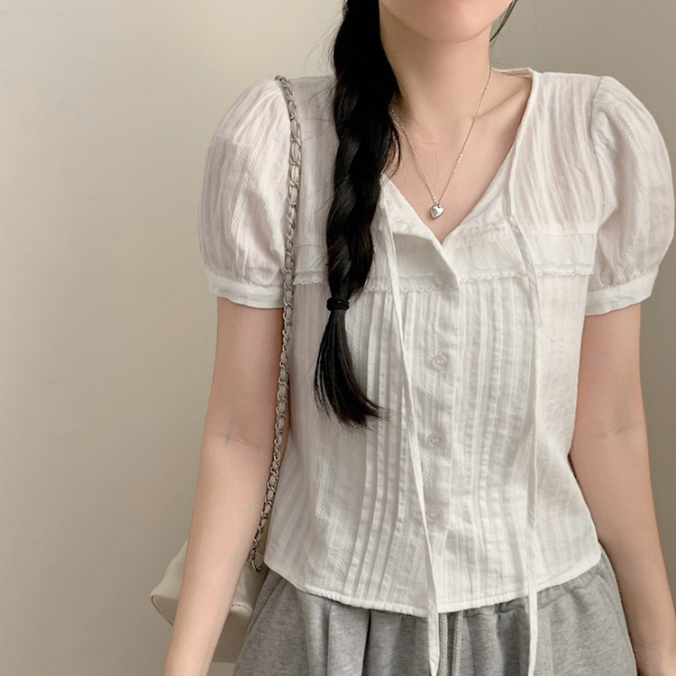 쇼코 핀턱 절개 퍼프 레이스 리본 라운드넥 반팔 블라우스 여름 여름옷 상의 아이보리