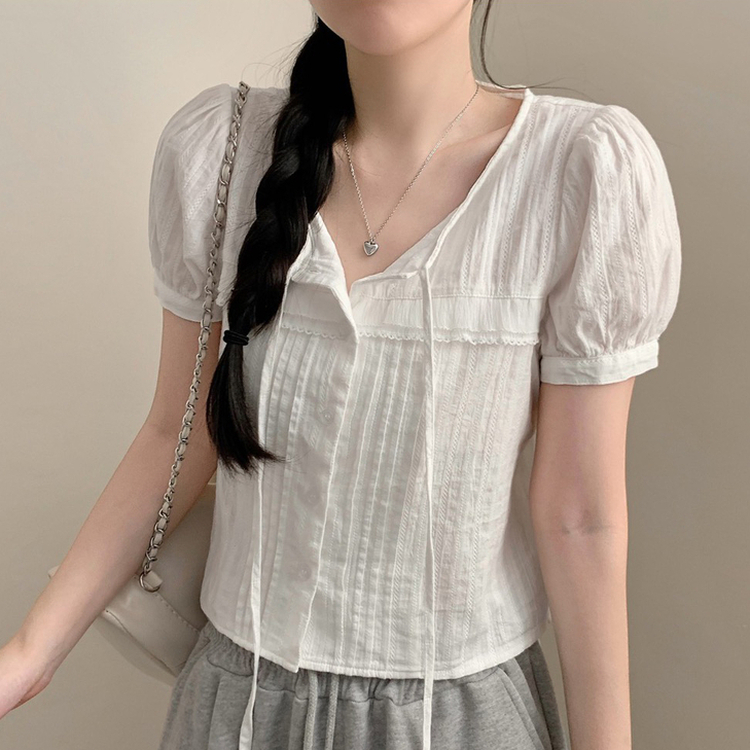 쇼코 핀턱 절개 퍼프 레이스 리본 라운드넥 반팔 블라우스 여름 여름옷 상의 아이보리