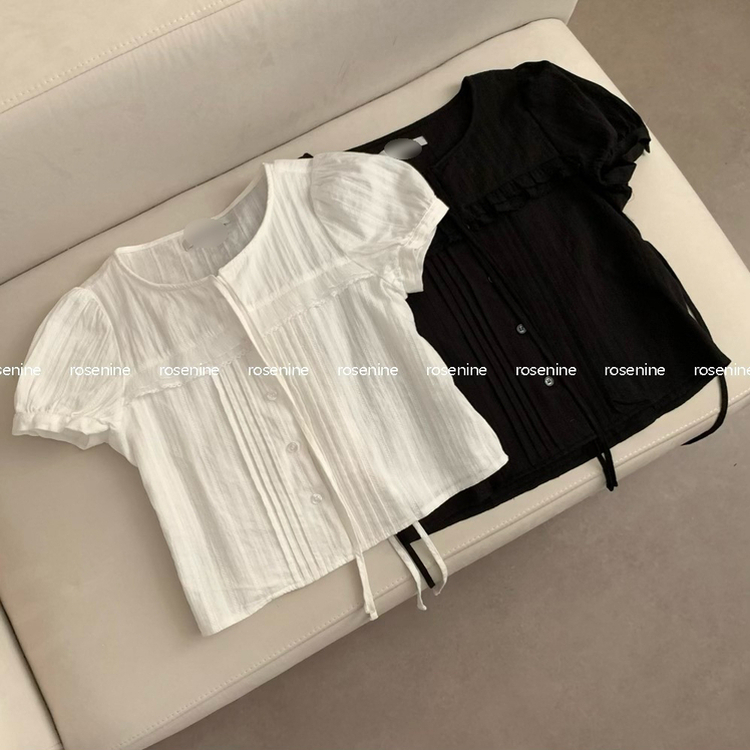 쇼코 핀턱 절개 퍼프 레이스 리본 라운드넥 반팔 블라우스 여름 여름옷 상의