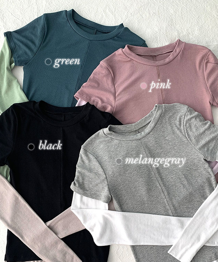 [일체형/레이어드] 리쥬 레이어드 배색 티셔츠 라운드넥 슬림핏 스판 긴팔 반팔 세트 일체형 롱슬리브 유니크 데일리룩 봄 신상/봄 티셔츠