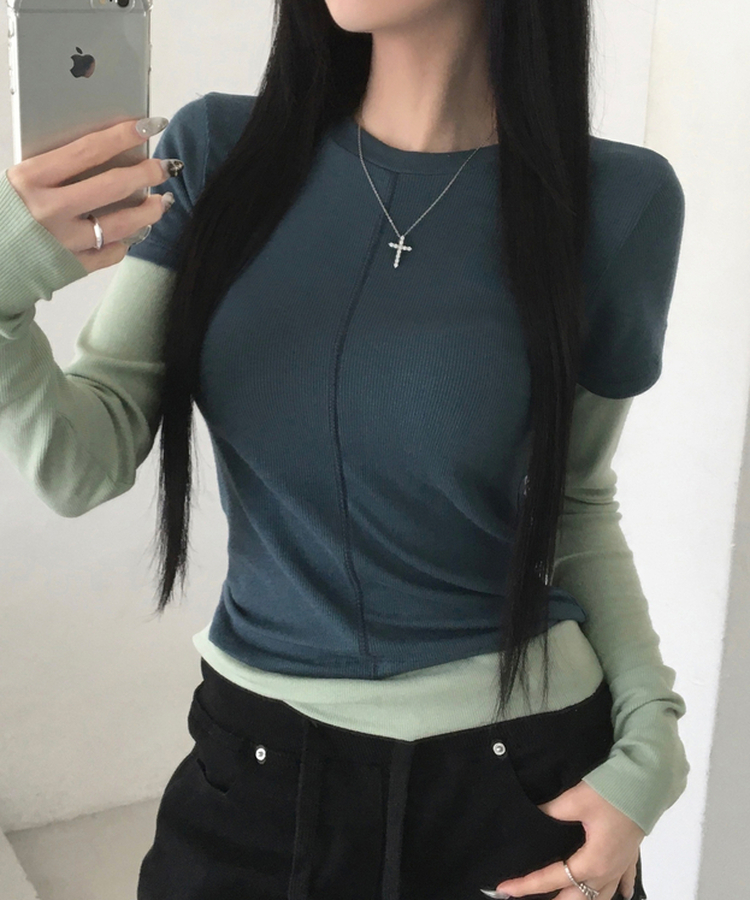 [일체형/레이어드] 리쥬 레이어드 배색 티셔츠 라운드넥 슬림핏 스판 긴팔 반팔 세트 일체형 롱슬리브 유니크 데일리룩 봄 신상/봄 티셔츠 그린