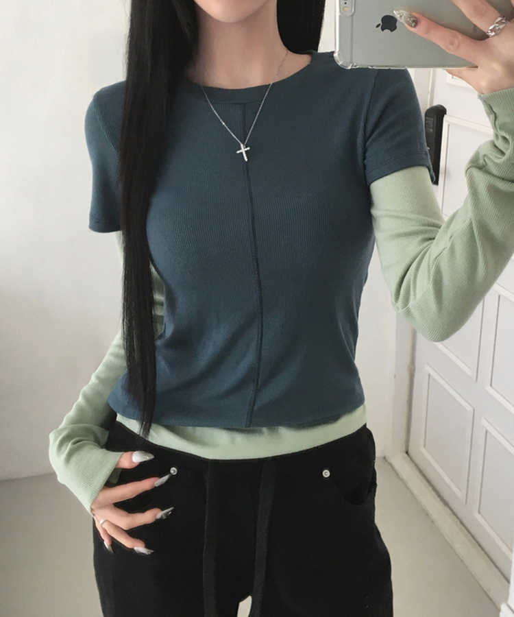 [일체형/레이어드] 리쥬 레이어드 배색 티셔츠 라운드넥 슬림핏 스판 긴팔 반팔 세트 일체형 롱슬리브 유니크 데일리룩 봄 신상/봄 티셔츠 그린