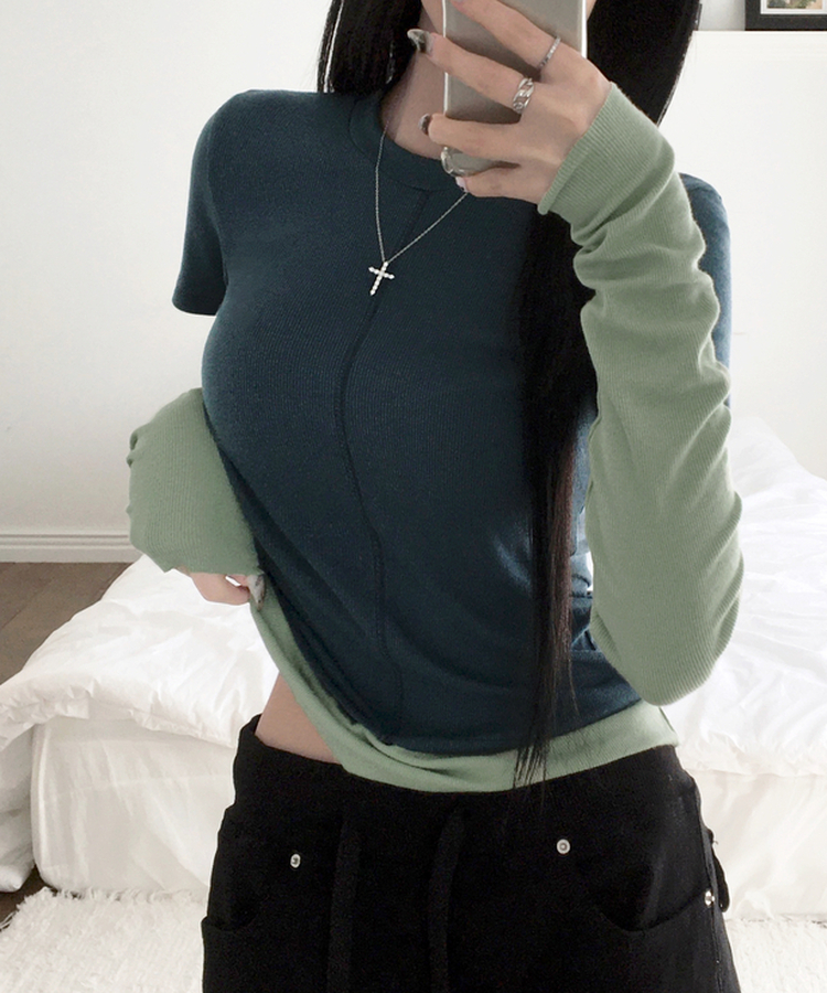 [일체형/레이어드] 리쥬 레이어드 배색 티셔츠 라운드넥 슬림핏 스판 긴팔 반팔 세트 일체형 롱슬리브 유니크 데일리룩 봄 신상/봄 티셔츠 그린