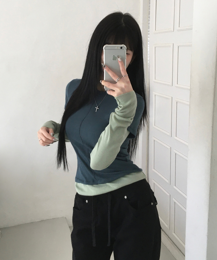 [일체형/레이어드] 리쥬 레이어드 배색 티셔츠 라운드넥 슬림핏 스판 긴팔 반팔 세트 일체형 롱슬리브 유니크 데일리룩 봄 신상/봄 티셔츠 그린