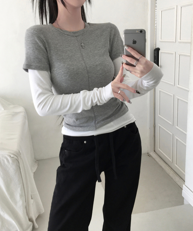 [일체형/레이어드] 리쥬 레이어드 배색 티셔츠 라운드넥 슬림핏 스판 긴팔 반팔 세트 일체형 롱슬리브 유니크 데일리룩 봄 신상/봄 티셔츠 메란지그레이