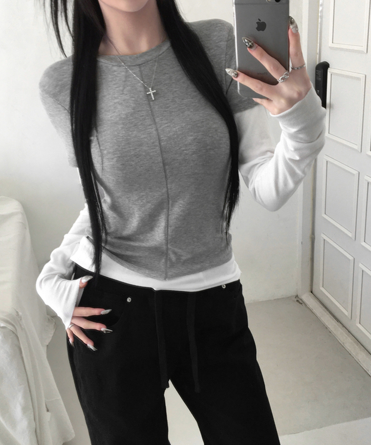 [일체형/레이어드] 리쥬 레이어드 배색 티셔츠 라운드넥 슬림핏 스판 긴팔 반팔 세트 일체형 롱슬리브 유니크 데일리룩 봄 신상/봄 티셔츠 메란지그레이