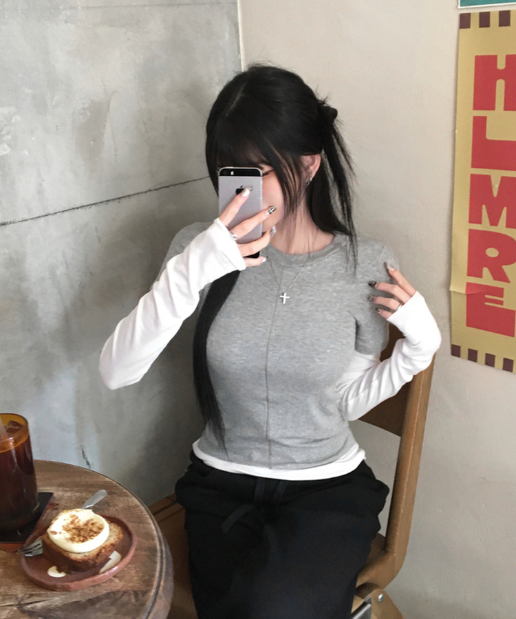 [일체형/레이어드] 리쥬 레이어드 배색 티셔츠 라운드넥 슬림핏 스판 긴팔 반팔 세트 일체형 롱슬리브 유니크 데일리룩 봄 신상/봄 티셔츠 메란지그레이