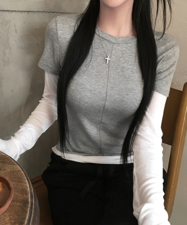 [일체형/레이어드] 리쥬 레이어드 배색 티셔츠 라운드넥 슬림핏 스판 긴팔 반팔 세트 일체형 롱슬리브 유니크 데일리룩 봄 신상/봄 티셔츠 메란지그레이