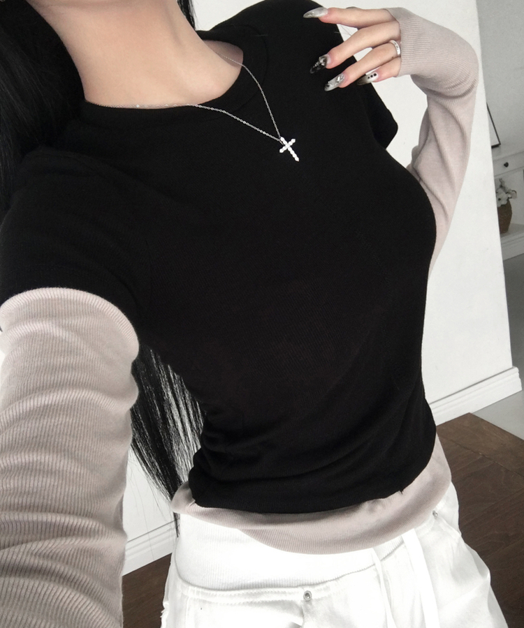 [일체형/레이어드] 리쥬 레이어드 배색 티셔츠 라운드넥 슬림핏 스판 긴팔 반팔 세트 일체형 롱슬리브 유니크 데일리룩 봄 신상/봄 티셔츠 블랙