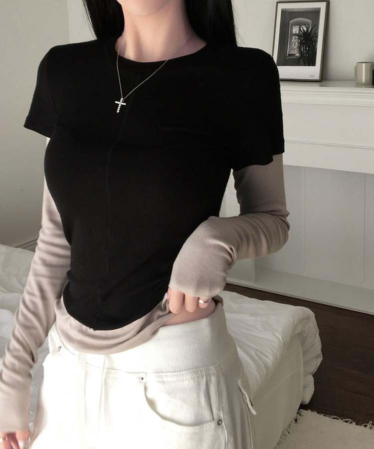[일체형/레이어드] 리쥬 레이어드 배색 티셔츠 라운드넥 슬림핏 스판 긴팔 반팔 세트 일체형 롱슬리브 유니크 데일리룩 봄 신상/봄 티셔츠 블랙