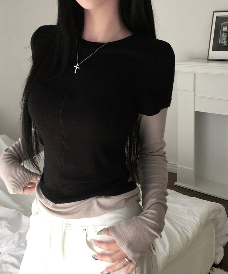 [일체형/레이어드] 리쥬 레이어드 배색 티셔츠 라운드넥 슬림핏 스판 긴팔 반팔 세트 일체형 롱슬리브 유니크 데일리룩 봄 신상/봄 티셔츠 블랙