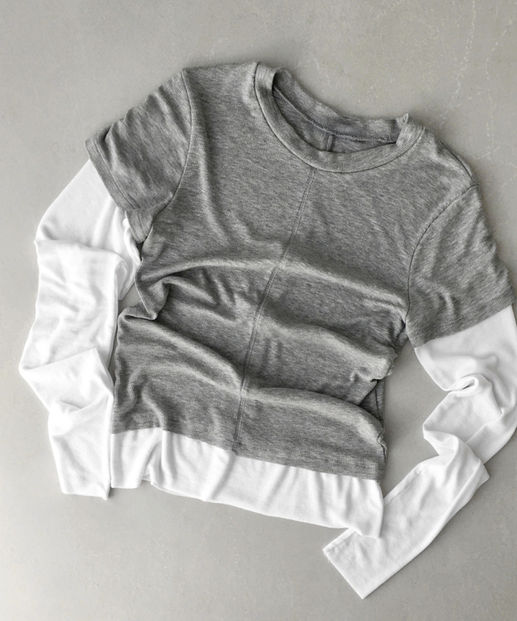 [일체형/레이어드] 리쥬 레이어드 배색 티셔츠 라운드넥 슬림핏 스판 긴팔 반팔 세트 일체형 롱슬리브 유니크 데일리룩 봄 신상/봄 티셔츠