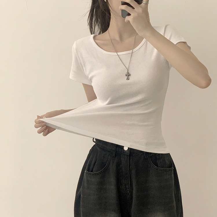 [여름필수/살빠진핏!] 쫀~득한 소재감의, 모찌 라운드 무지 봄 여름 세미 크롭 반팔 티셔츠 베이직 반팔티 허리잘록 상의 5color 아이보리