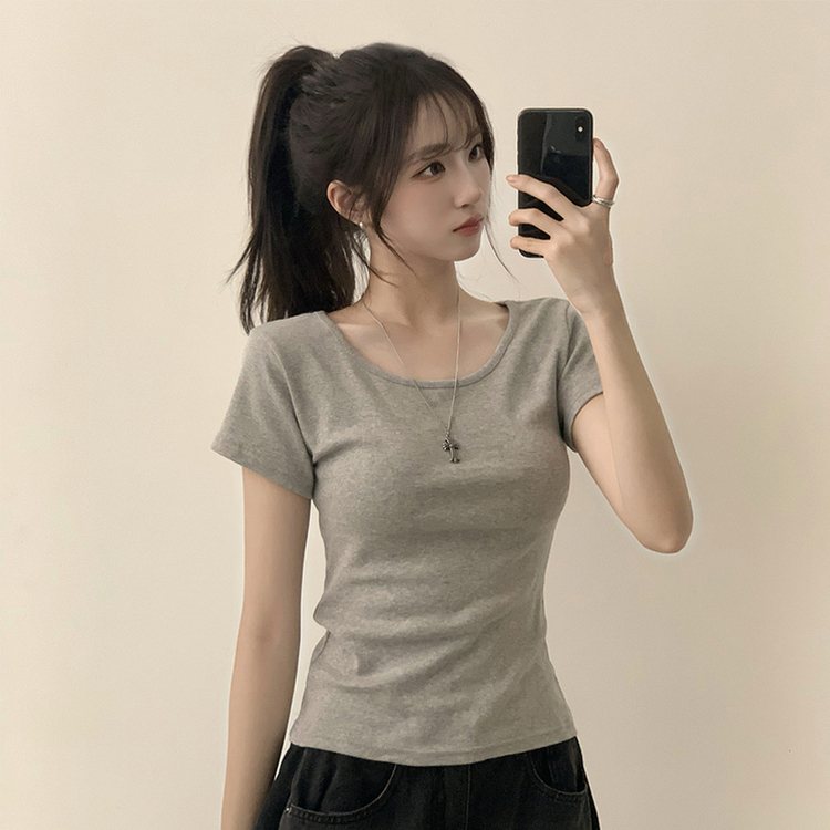 [여름필수/살빠진핏!] 쫀~득한 소재감의, 모찌 라운드 무지 봄 여름 세미 크롭 반팔 티셔츠 베이직 반팔티 허리잘록 상의 5color 그레이