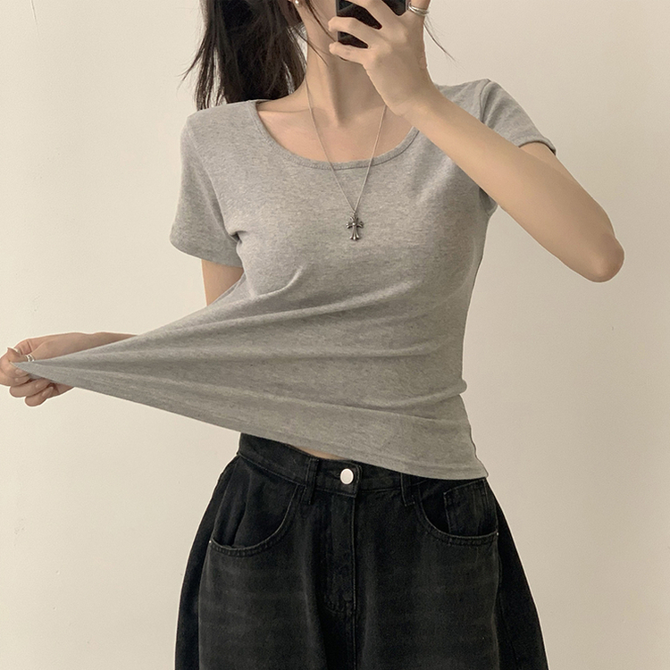 [여름필수/살빠진핏!] 쫀~득한 소재감의, 모찌 라운드 무지 봄 여름 세미 크롭 반팔 티셔츠 베이직 반팔티 허리잘록 상의 5color 그레이