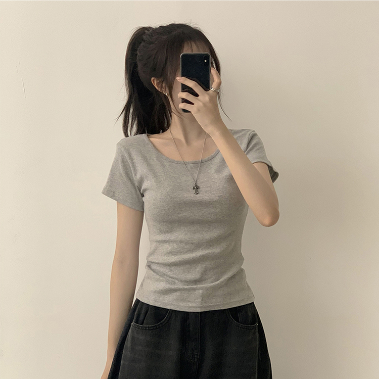 [여름필수/살빠진핏!] 쫀~득한 소재감의, 모찌 라운드 무지 봄 여름 세미 크롭 반팔 티셔츠 베이직 반팔티 허리잘록 상의 5color 그레이