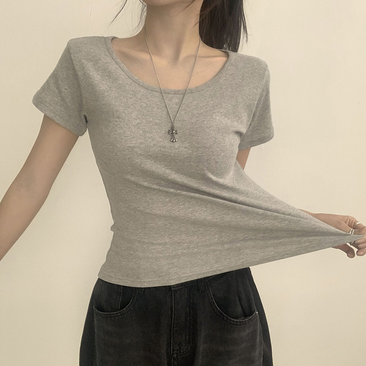 [여름필수/살빠진핏!] 쫀~득한 소재감의, 모찌 라운드 무지 봄 여름 세미 크롭 반팔 티셔츠 베이직 반팔티 허리잘록 상의 5color 그레이