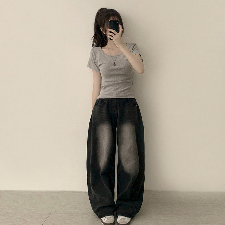 [여름필수/살빠진핏!] 쫀~득한 소재감의, 모찌 라운드 무지 봄 여름 세미 크롭 반팔 티셔츠 베이직 반팔티 허리잘록 상의 5color 그레이