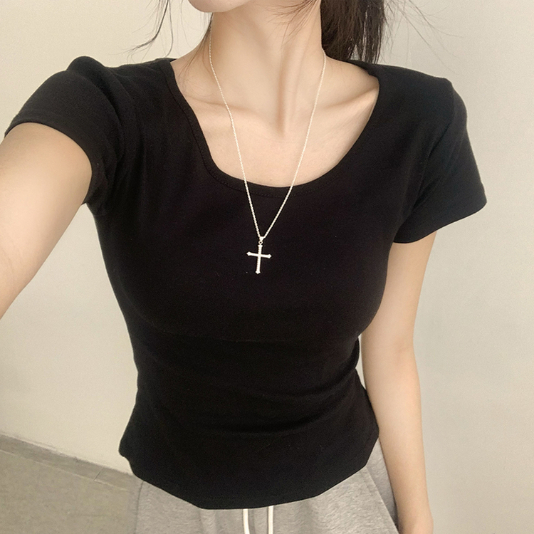 [여름필수/살빠진핏!] 쫀~득한 소재감의, 모찌 라운드 무지 봄 여름 세미 크롭 반팔 티셔츠 베이직 반팔티 허리잘록 상의 5color 블랙