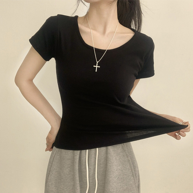 [여름필수/살빠진핏!] 쫀~득한 소재감의, 모찌 라운드 무지 봄 여름 세미 크롭 반팔 티셔츠 베이직 반팔티 허리잘록 상의 5color 블랙