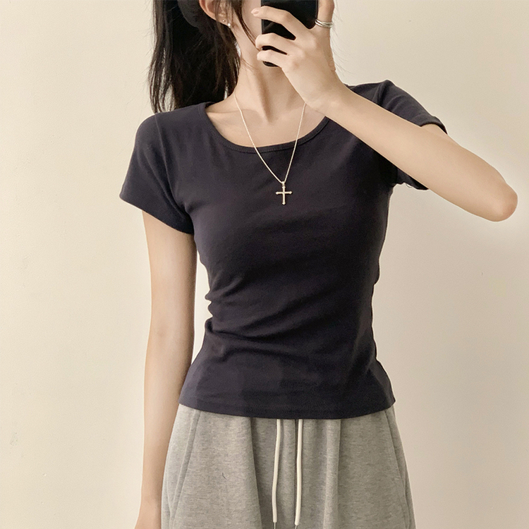 [여름필수/살빠진핏!] 쫀~득한 소재감의, 모찌 라운드 무지 봄 여름 세미 크롭 반팔 티셔츠 베이직 반팔티 허리잘록 상의 5color 먹색