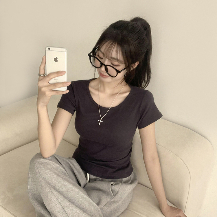 [여름필수/살빠진핏!] 쫀~득한 소재감의, 모찌 라운드 무지 봄 여름 세미 크롭 반팔 티셔츠 베이직 반팔티 허리잘록 상의 5color 먹색