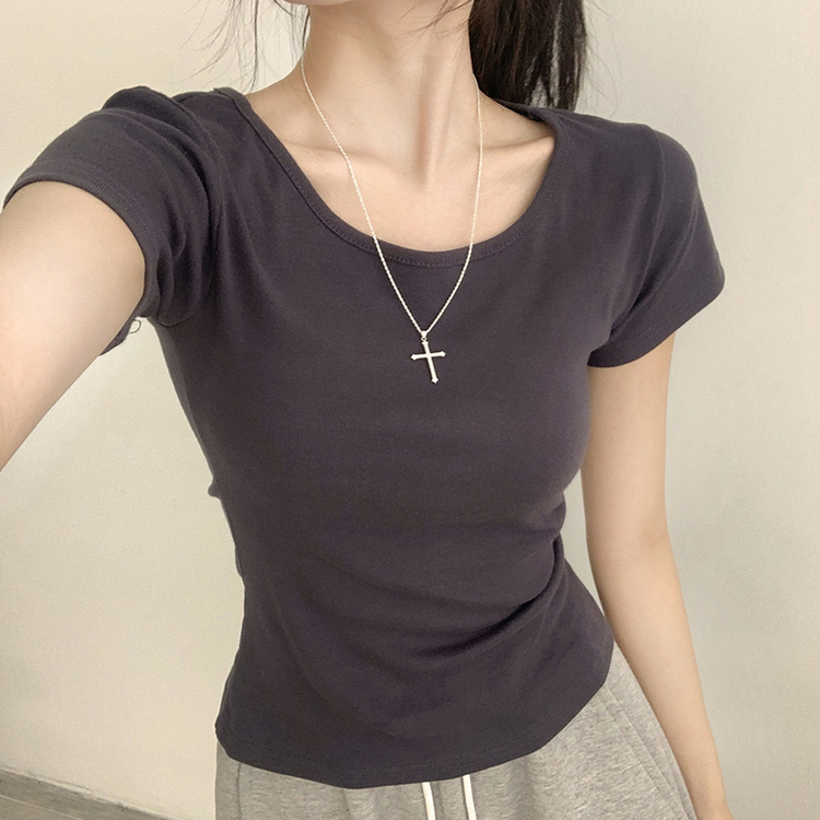 [여름필수/살빠진핏!] 쫀~득한 소재감의, 모찌 라운드 무지 봄 여름 세미 크롭 반팔 티셔츠 베이직 반팔티 허리잘록 상의 5color 먹색