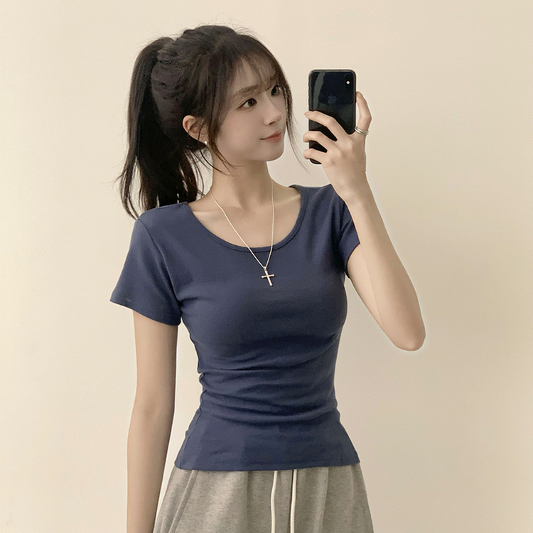 [여름필수/살빠진핏!] 쫀~득한 소재감의, 모찌 라운드 무지 봄 여름 세미 크롭 반팔 티셔츠 베이직 반팔티 허리잘록 상의 5color 네이비