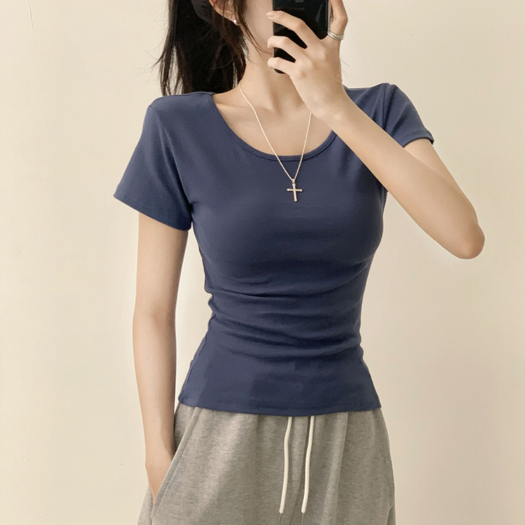 [여름필수/살빠진핏!] 쫀~득한 소재감의, 모찌 라운드 무지 봄 여름 세미 크롭 반팔 티셔츠 베이직 반팔티 허리잘록 상의 5color 네이비