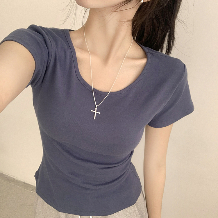 [여름필수/살빠진핏!] 쫀~득한 소재감의, 모찌 라운드 무지 봄 여름 세미 크롭 반팔 티셔츠 베이직 반팔티 허리잘록 상의 5color 네이비