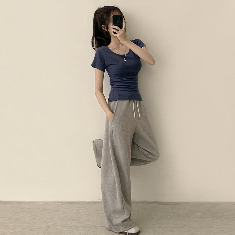 [여름필수/살빠진핏!] 쫀~득한 소재감의, 모찌 라운드 무지 봄 여름 세미 크롭 반팔 티셔츠 베이직 반팔티 허리잘록 상의 5color 네이비