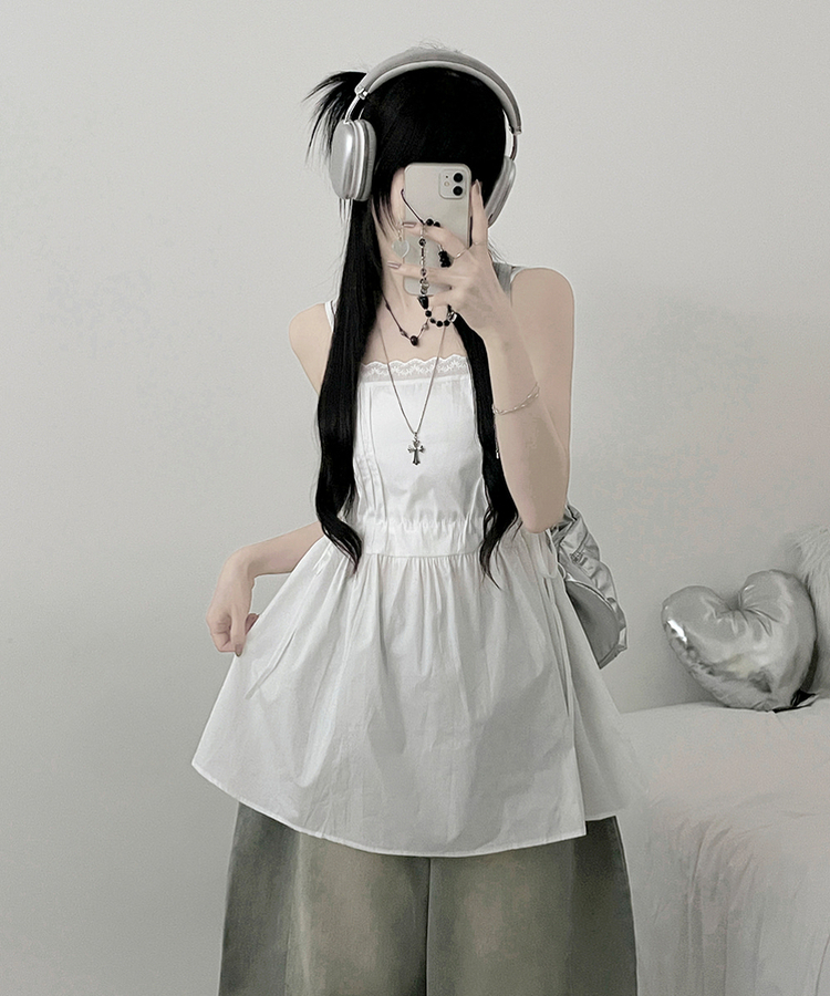 [레이어드/끈조절]핀턱레이스코튼스트링프릴레이어드미니끈원피스(2color) 화이트