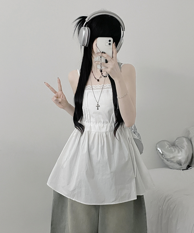 [레이어드/끈조절]핀턱레이스코튼스트링프릴레이어드미니끈원피스(2color) 화이트