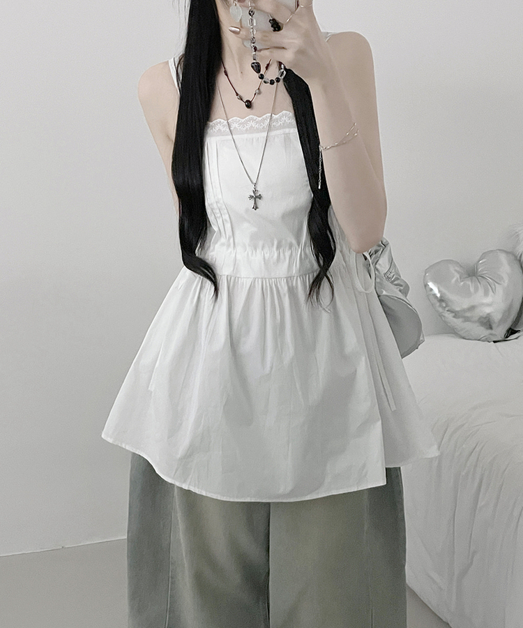 [레이어드/끈조절]핀턱레이스코튼스트링프릴레이어드미니끈원피스(2color) 화이트