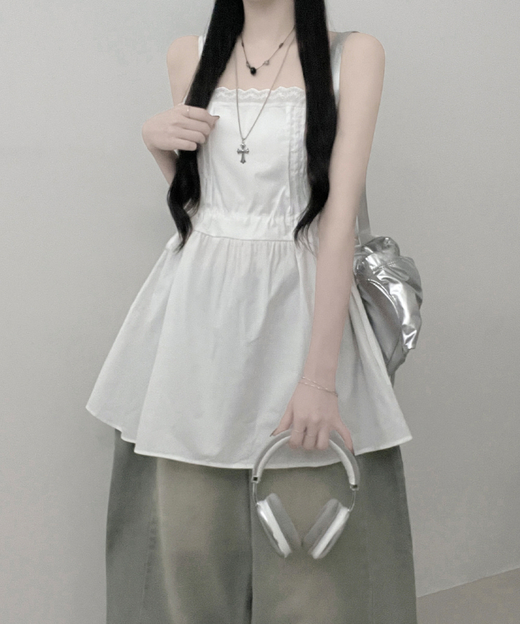 [레이어드/끈조절]핀턱레이스코튼스트링프릴레이어드미니끈원피스(2color) 화이트